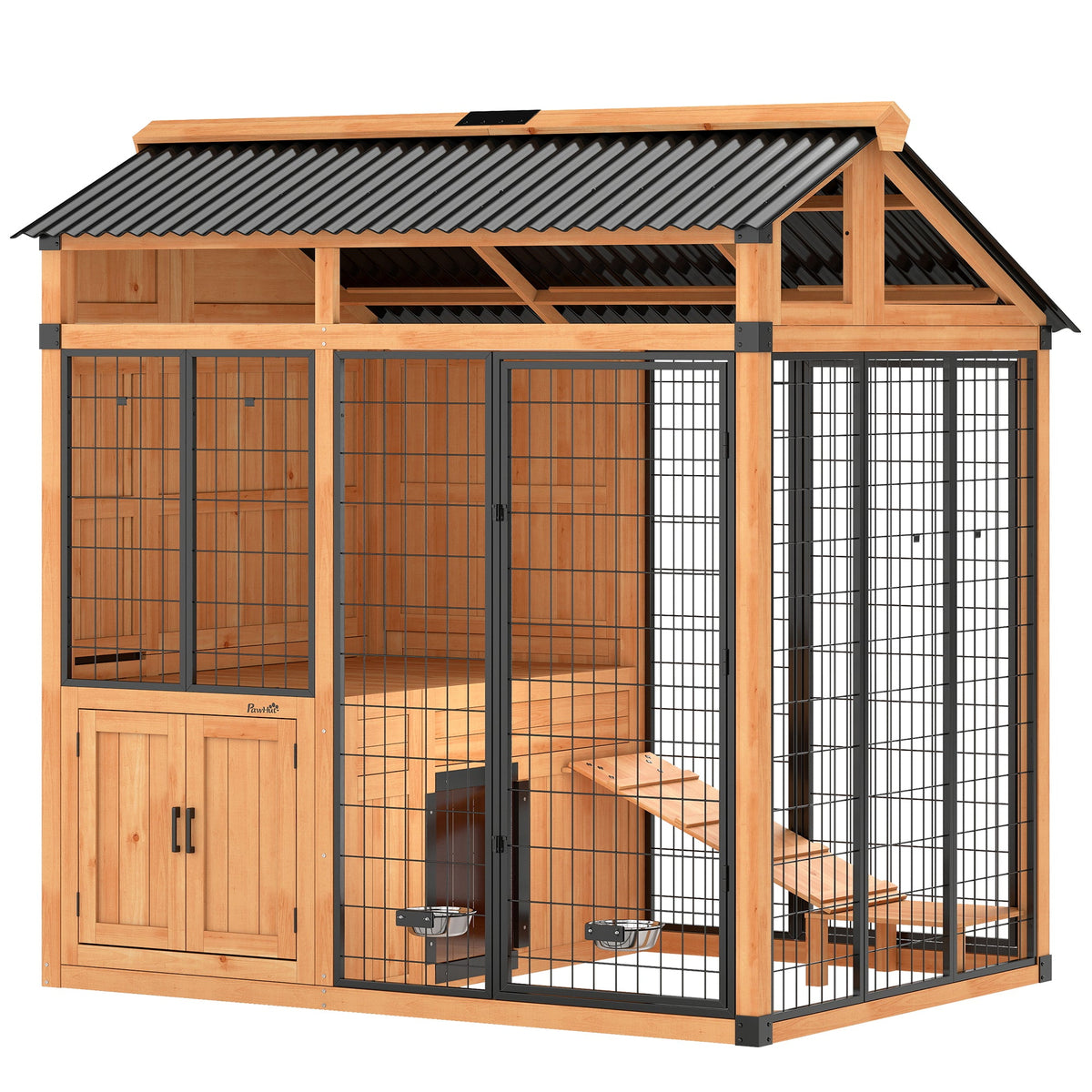 PawNora Walk-In Outdoor Dog House – Large Dog Kennel with Activity Platform & Feeding Station