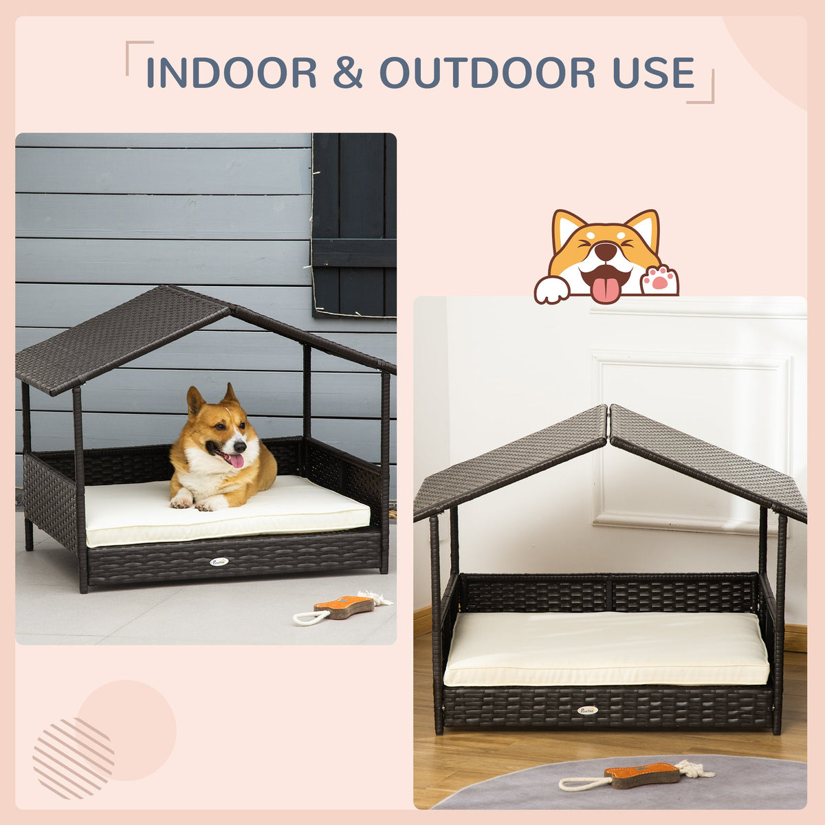 PawNora Elevated Rattan Dog Bed with Roof – Weather-Resistant Outdoor Pet House