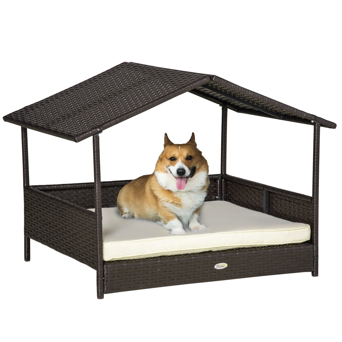 PawNora Elevated Rattan Dog Bed with Roof – Weather-Resistant Outdoor Pet House