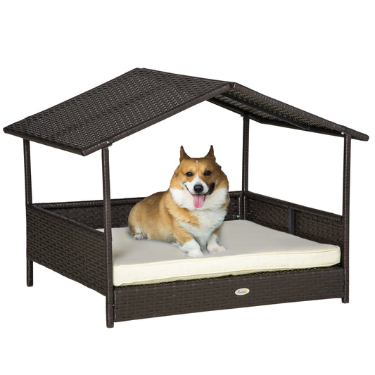 PawNora Elevated Rattan Dog Bed with Roof – Weather-Resistant Outdoor Pet House