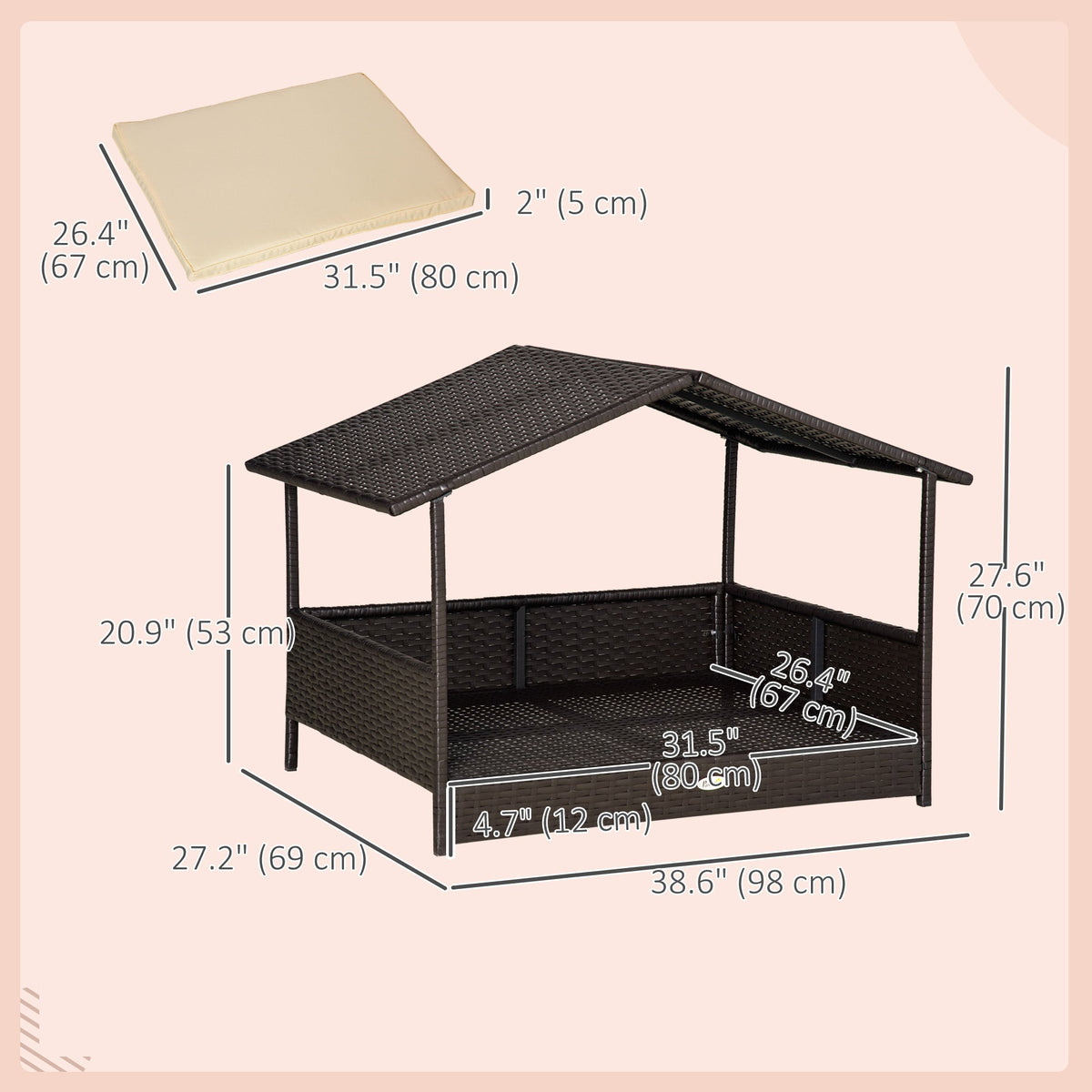 PawNora Elevated Rattan Dog Bed with Roof – Weather-Resistant Outdoor Pet House