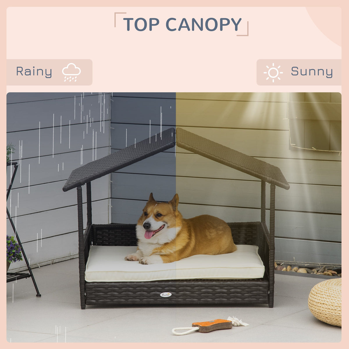 PawNora Elevated Rattan Dog Bed with Roof – Weather-Resistant Outdoor Pet House