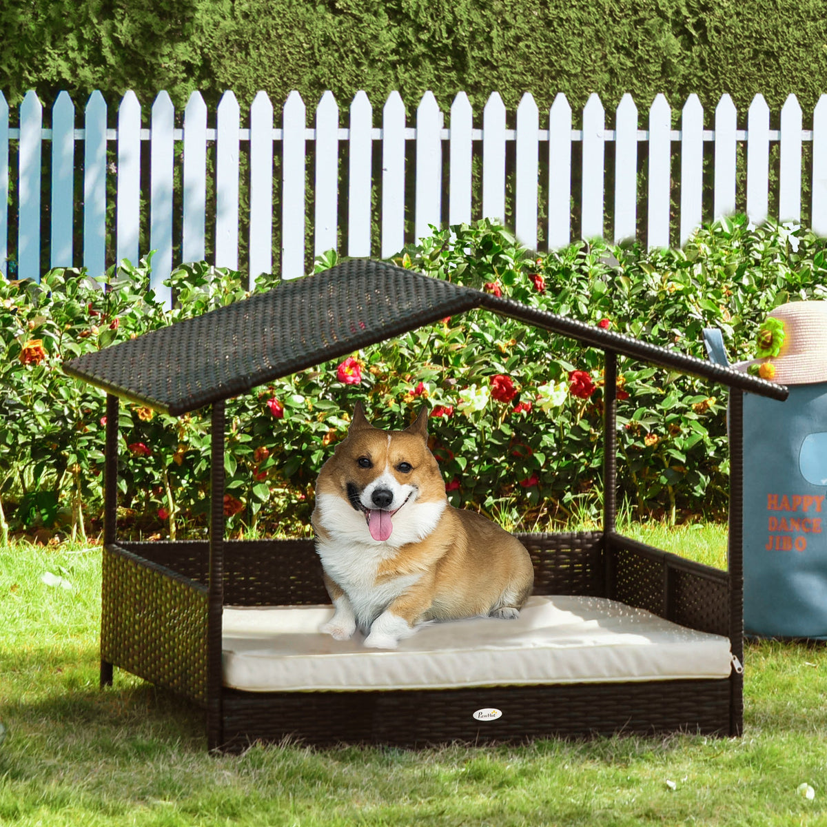 PawNora Elevated Rattan Dog Bed with Roof – Weather-Resistant Outdoor Pet House