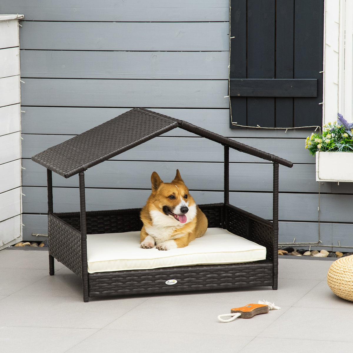 PawNora Elevated Rattan Dog Bed with Roof – Weather-Resistant Outdoor Pet House