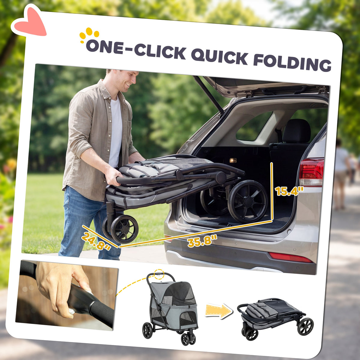 PawNora Foldable Dog Stroller – All-Terrain Pet Pram with Spacious Cabin