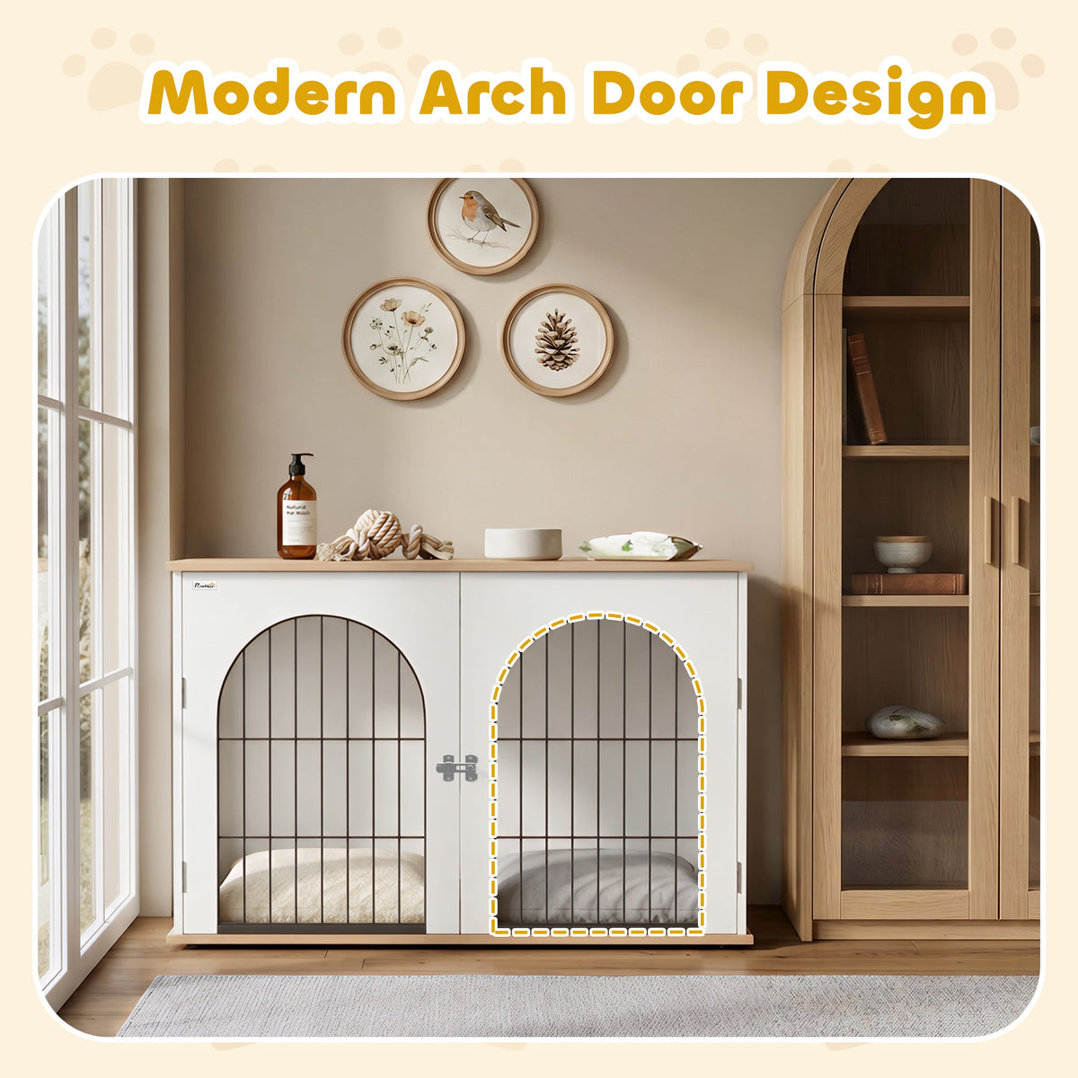 PawNora Large Dog Crate Furniture – Arched Indoor Kennel with Side Table