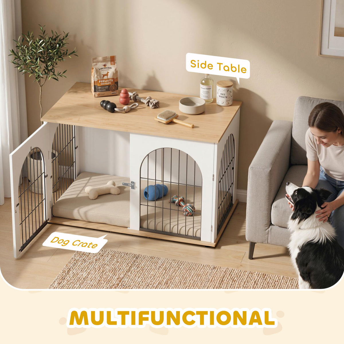 PawNora Large Dog Crate Furniture – Arched Indoor Kennel with Side Table