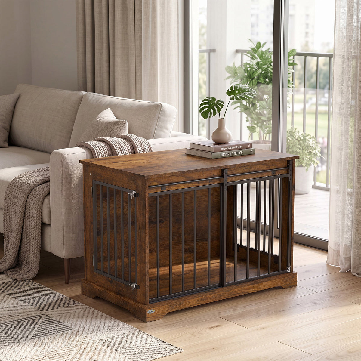 PawNora Large Dog Crate Furniture – Sliding Barn Door Kennel