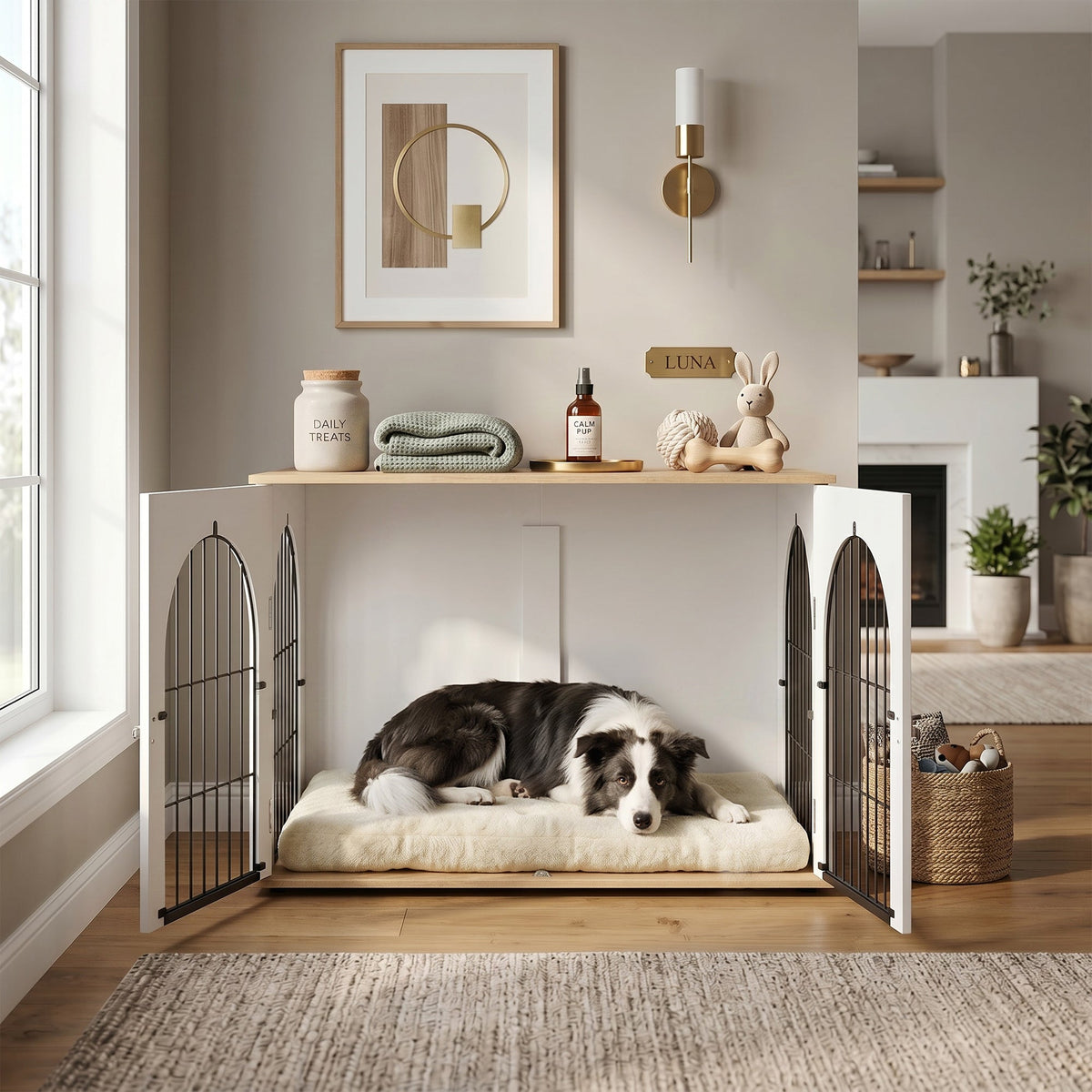 PawNora Large Dog Crate Furniture – Arched Indoor Kennel with Side Table