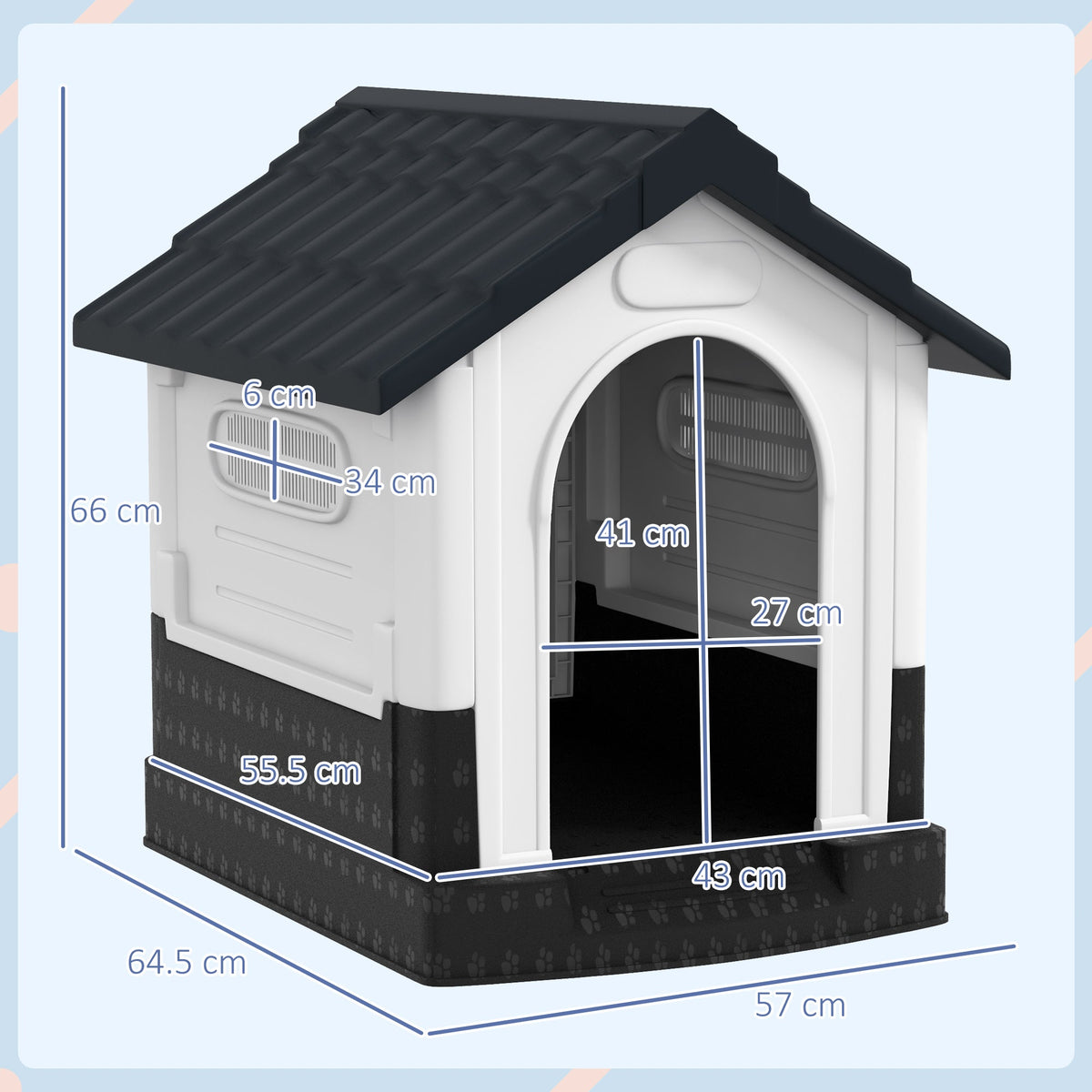 Weatherproof Plastic Dog House with Windows for Small Dogs Grey