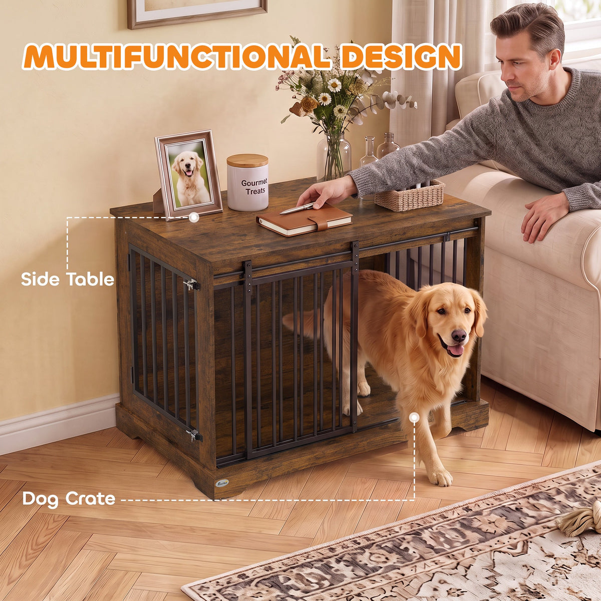 PawNora Large Dog Crate Furniture – Sliding Barn Door Kennel