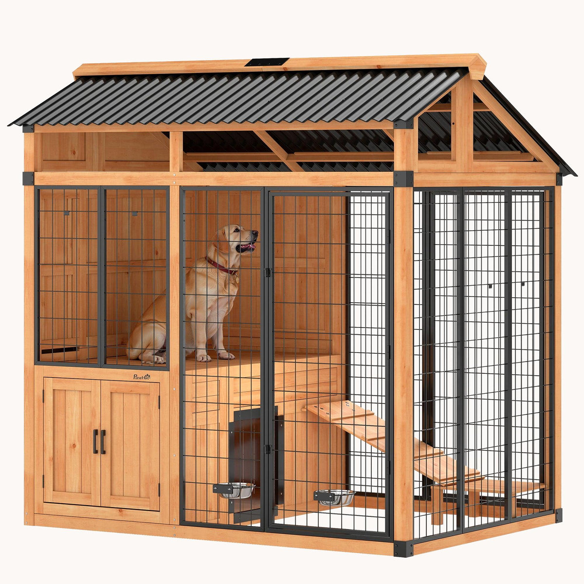 PawNora Walk-In Outdoor Dog House – Large Dog Kennel with Activity Platform &amp; Feeding Station