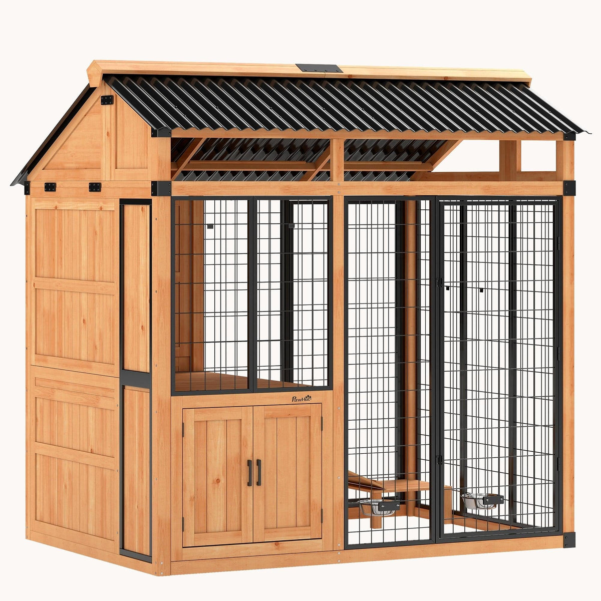 PawNora Walk-In Outdoor Dog House – Large Dog Kennel with Activity Platform &amp; Feeding Station