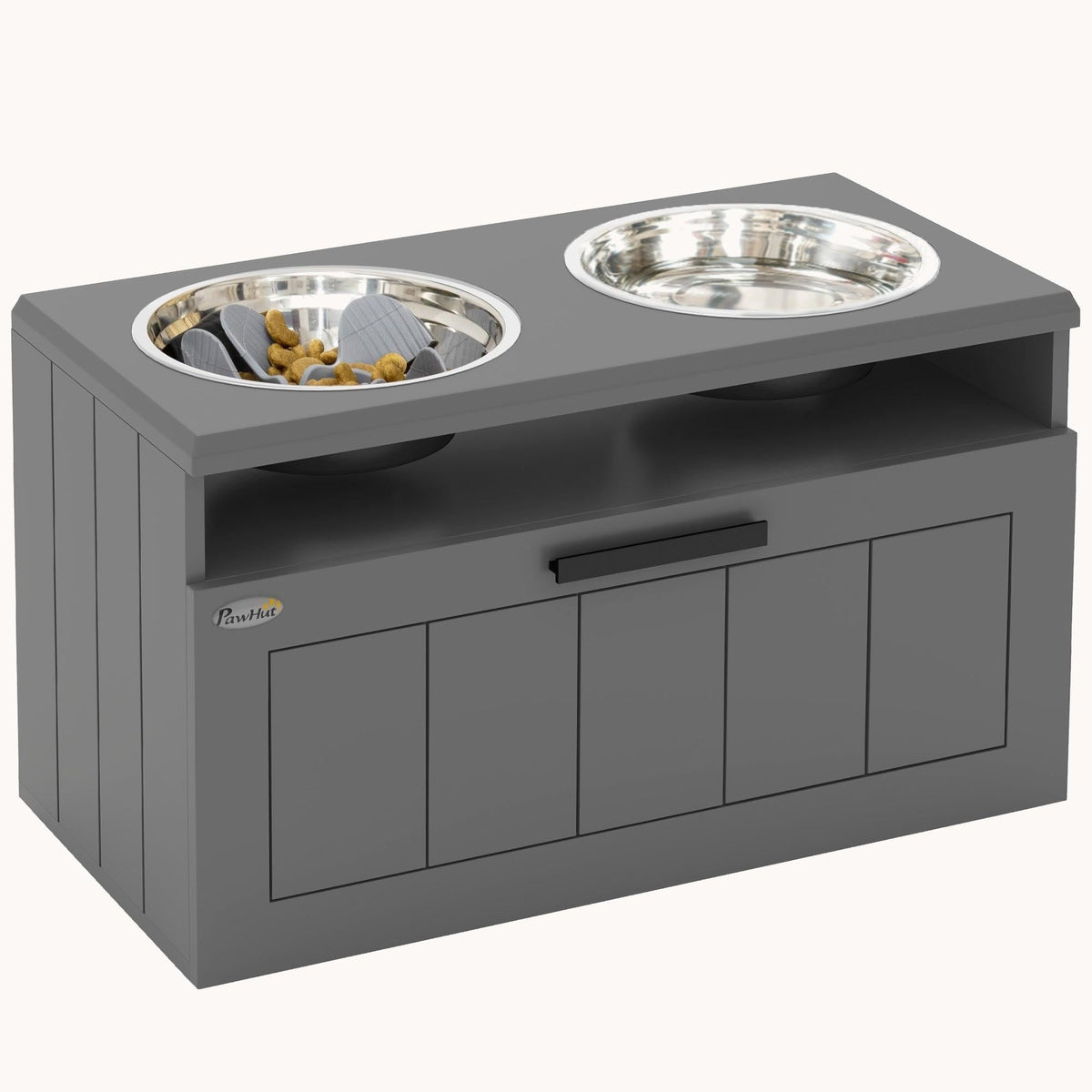 PawNora Elevated Slow Feeder Dog Bowl Station – 2 Stainless Steel Bowls with Storage