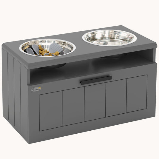 PawNora Elevated Slow Feeder Dog Bowl Station – 2 Stainless Steel Bowls with Storage