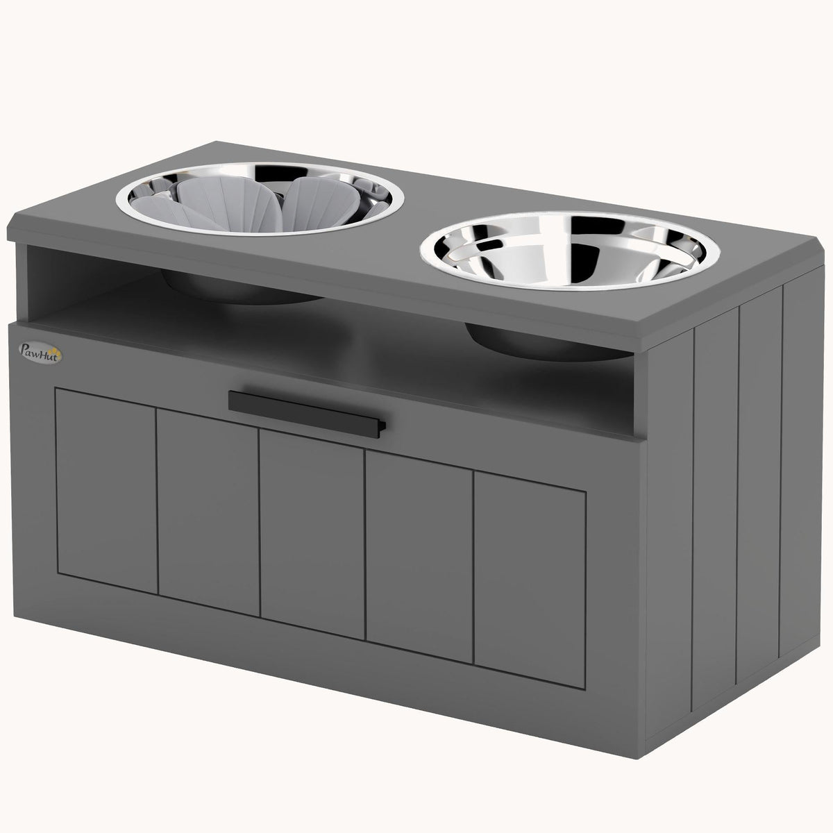 PawNora Elevated Slow Feeder Dog Bowl Station – 2 Stainless Steel Bowls with Storage