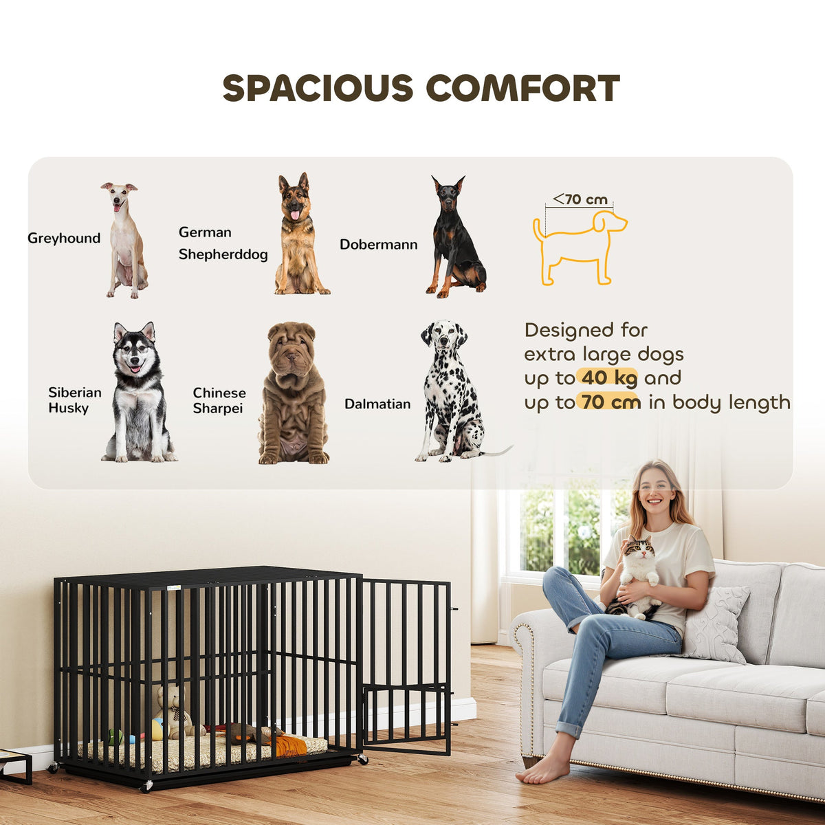 PawNora Heavy-Duty Dog Crate – Reinforced Steel Kennel with Wheels