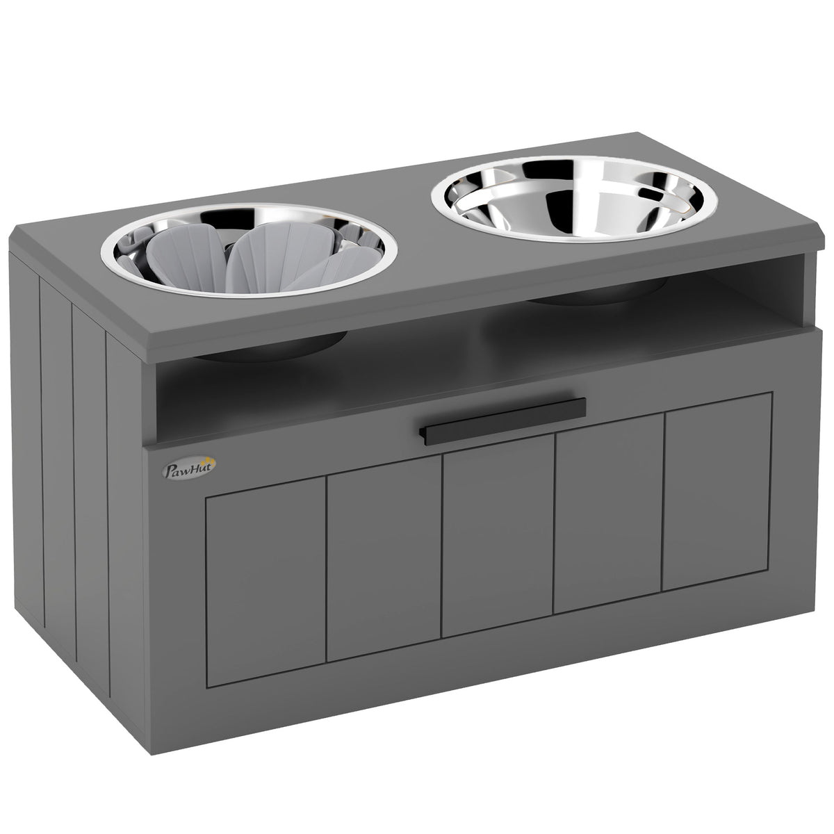 PawNora Elevated Slow Feeder Dog Bowl Station – 2 Stainless Steel Bowls with Storage