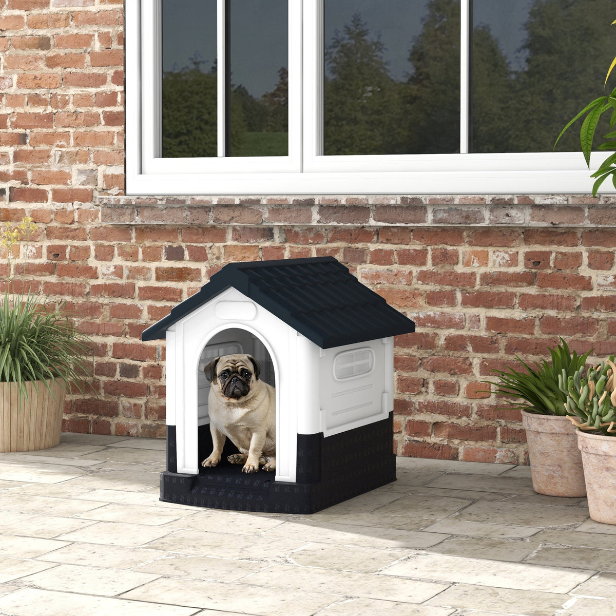 Weatherproof Plastic Dog House with Windows for Small Dogs Grey