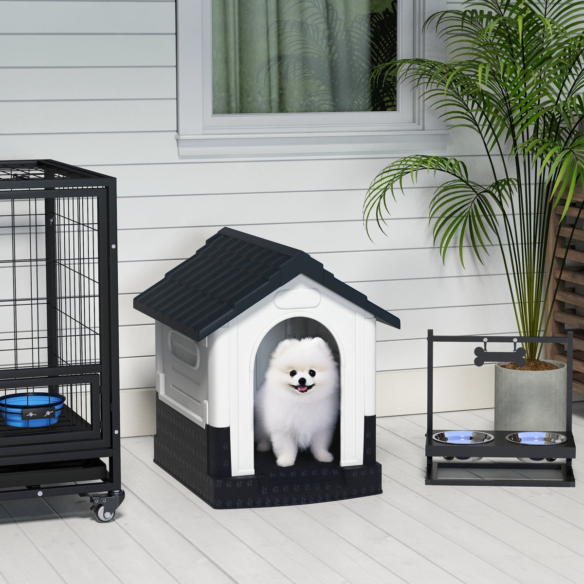 Weatherproof Plastic Dog House with Windows for Small Dogs Grey