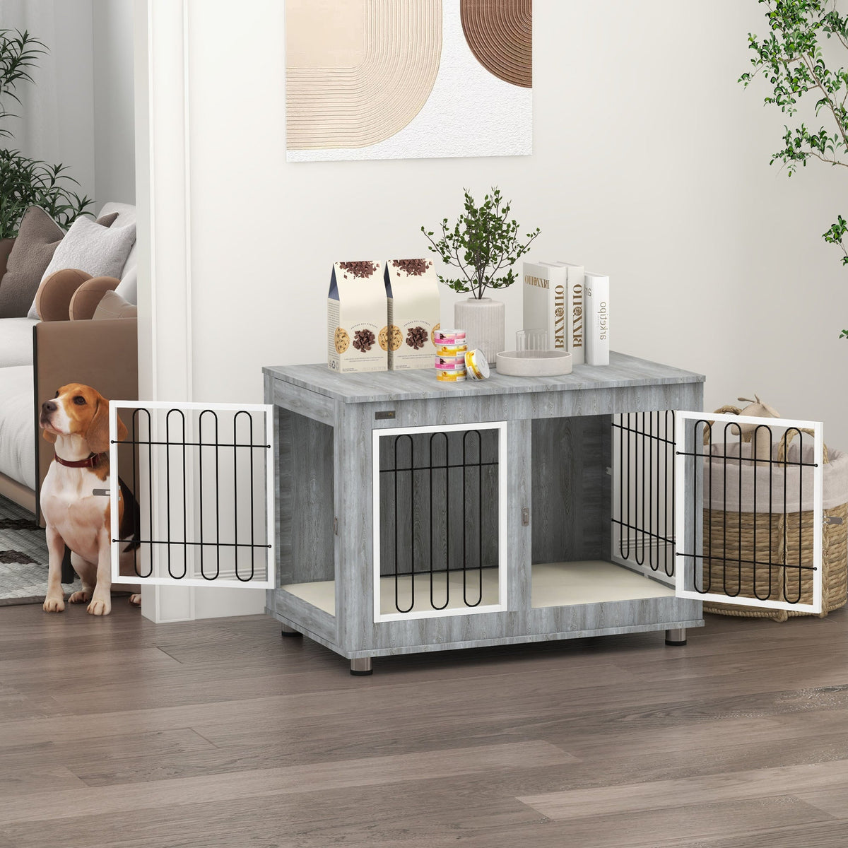 PawNora Dog Crate Furniture – Indoor Kennel with Cushion &amp; Side Table