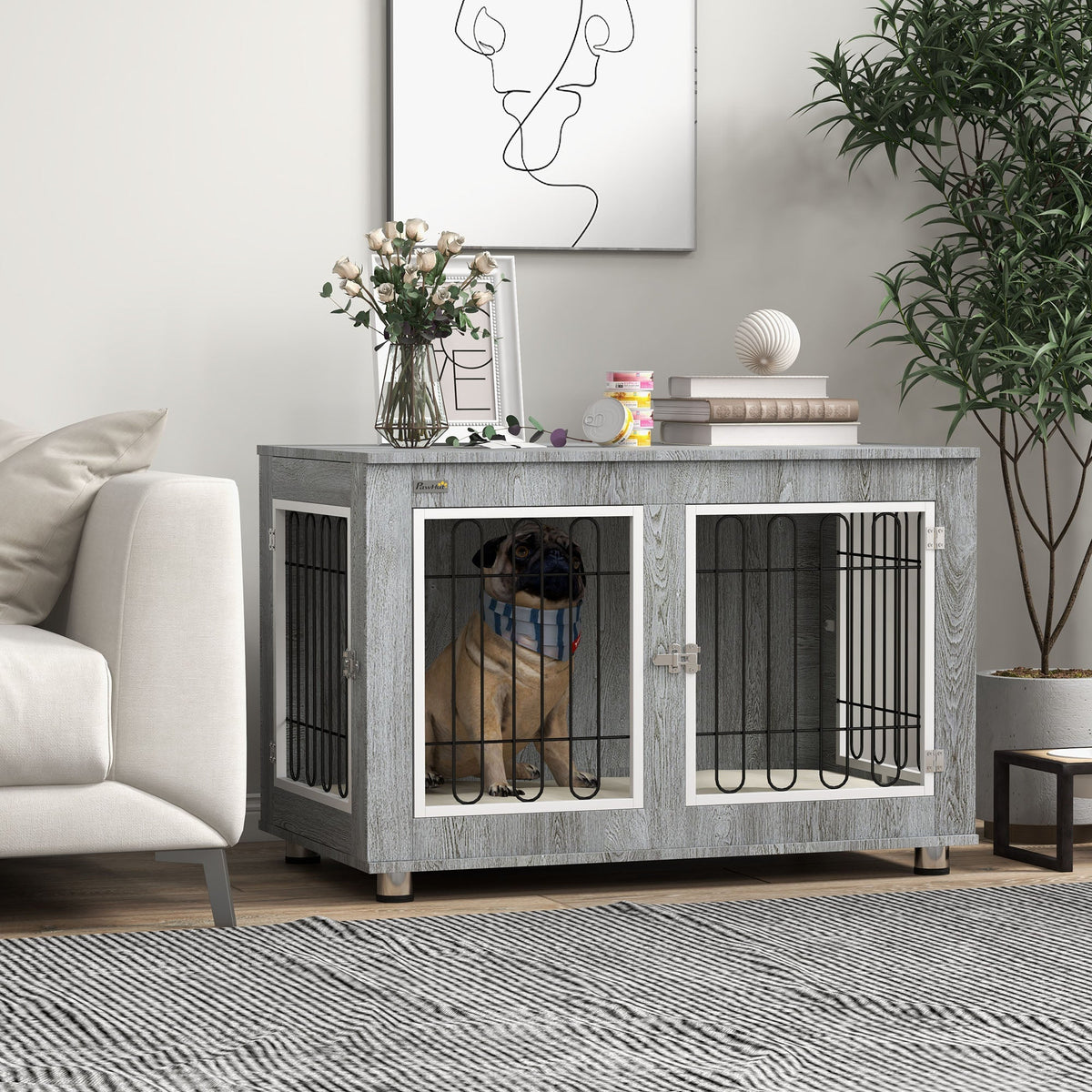 PawNora Dog Crate Furniture – Indoor Kennel with Cushion &amp; Side Table