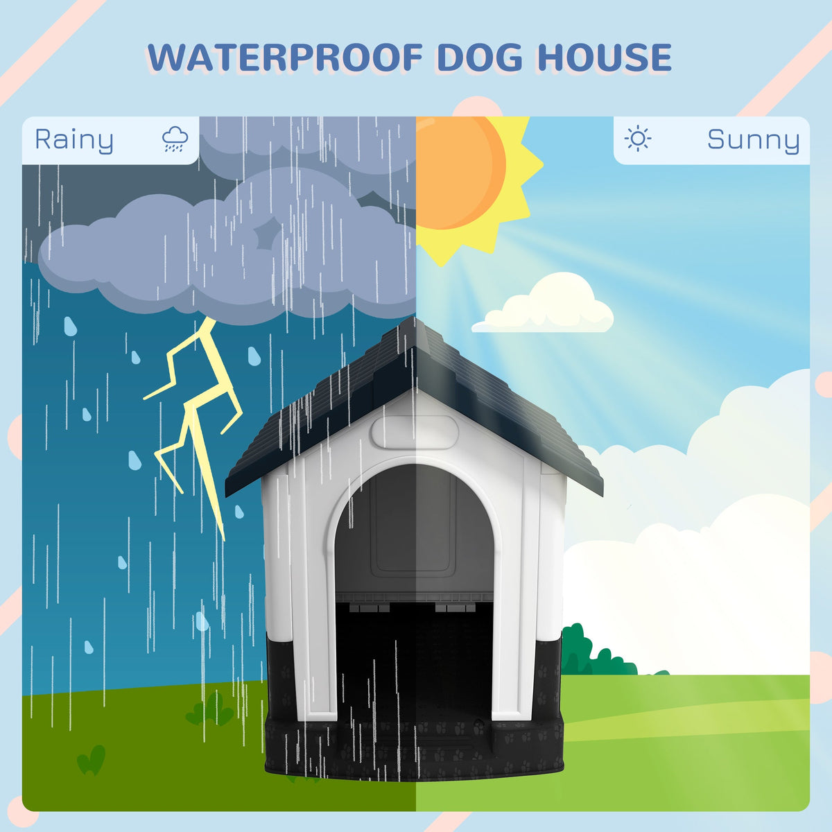 Weatherproof Plastic Dog House with Windows for Small Dogs Grey