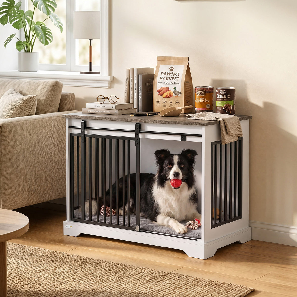 PawNora Medium Dog Crate Furniture – Sliding Barn Door KennelKennels & Crate