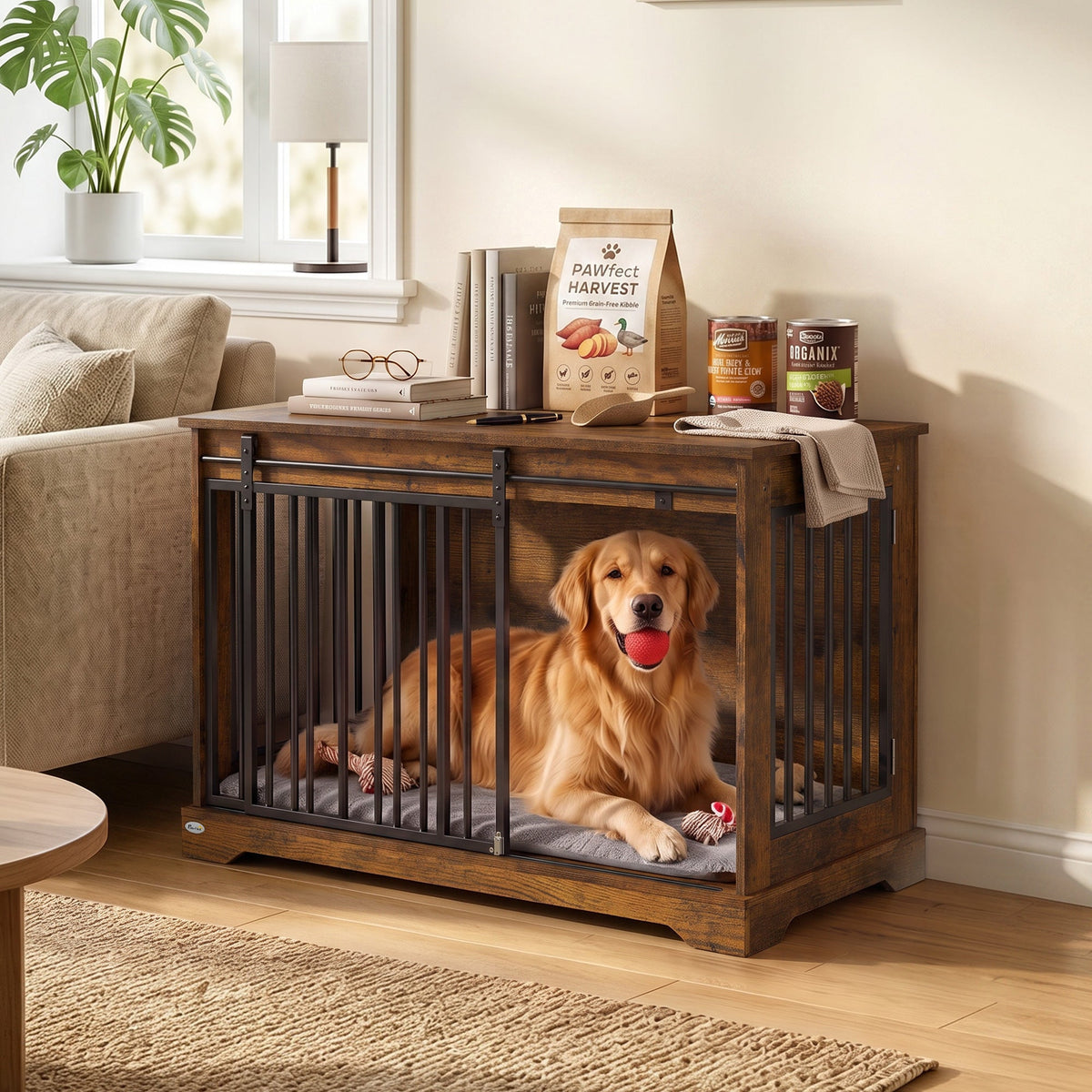 PawNora Large Dog Crate Furniture – Sliding Barn Door Kennel