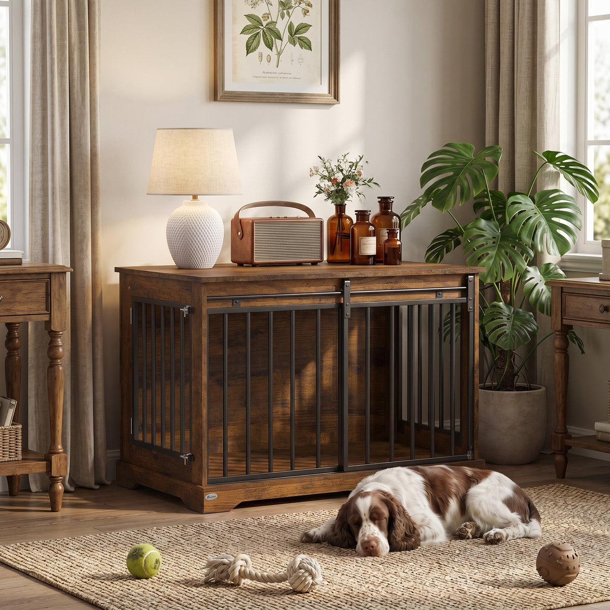 PawNora Large Dog Crate Furniture – Sliding Barn Door Kennel