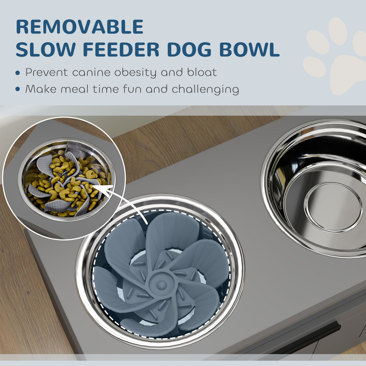 PawNora Elevated Slow Feeder Dog Bowl Station – 2 Stainless Steel Bowls with Storage
