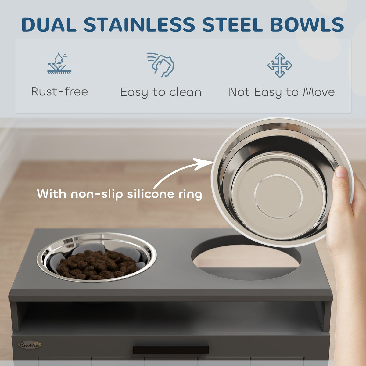 PawNora Elevated Slow Feeder Dog Bowl Station – 2 Stainless Steel Bowls with Storage