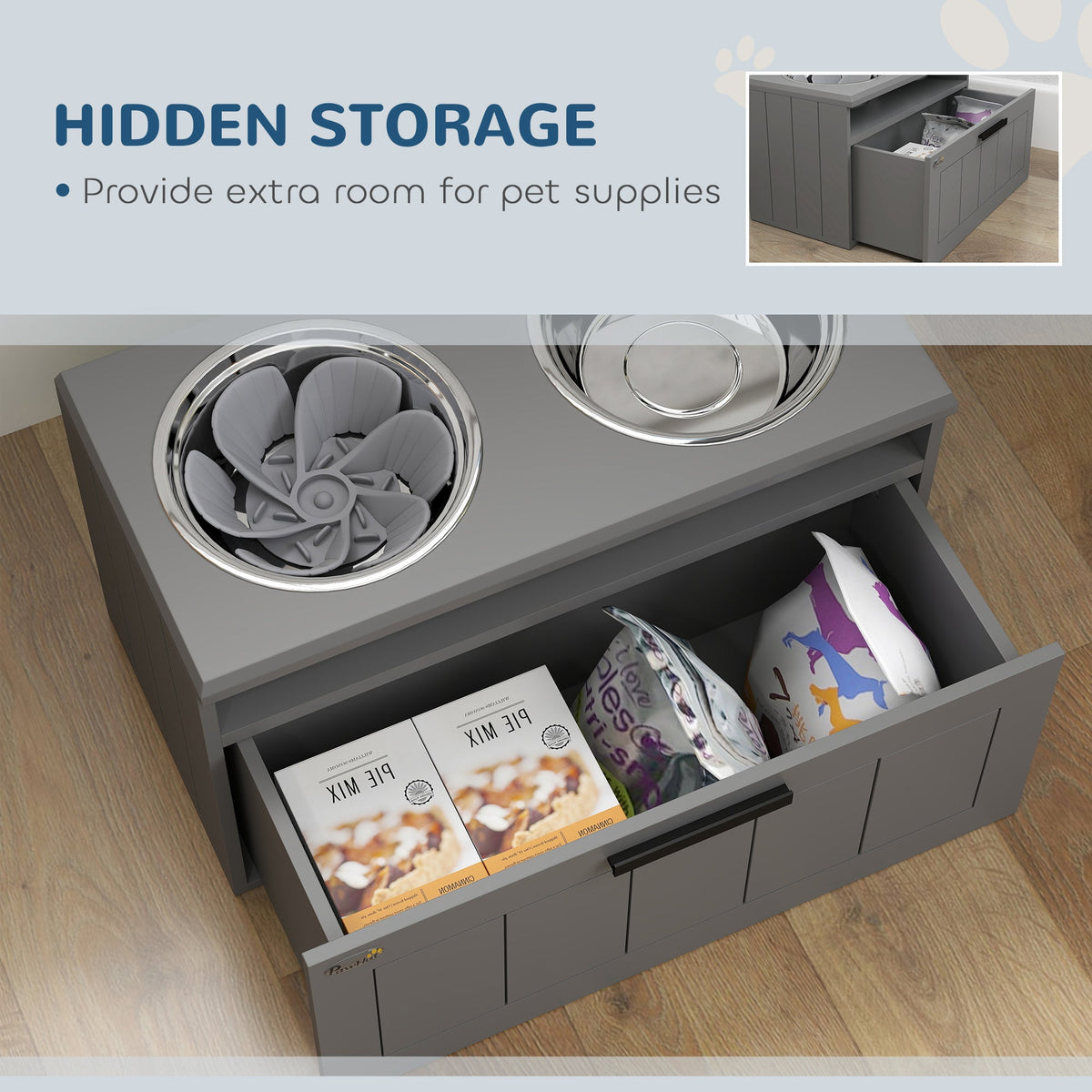 PawNora Elevated Slow Feeder Dog Bowl Station – 2 Stainless Steel Bowls with Storage