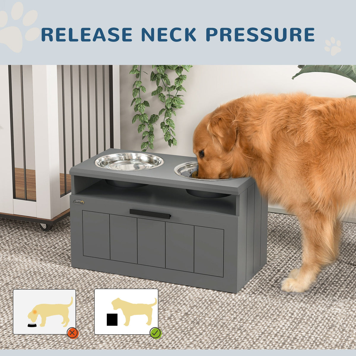 PawNora Elevated Slow Feeder Dog Bowl Station – 2 Stainless Steel Bowls with Storage