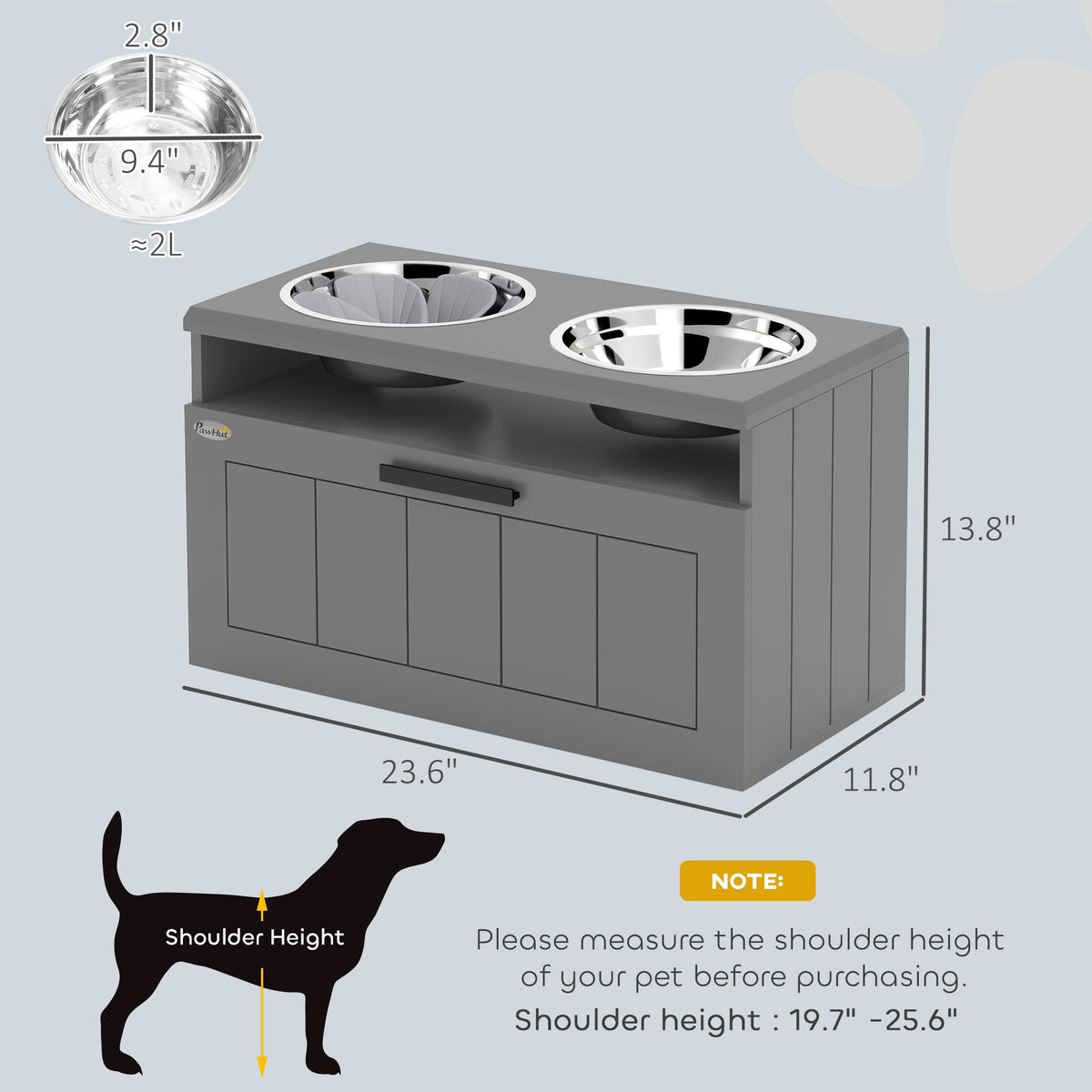 PawNora Elevated Slow Feeder Dog Bowl Station – 2 Stainless Steel Bowls with Storage