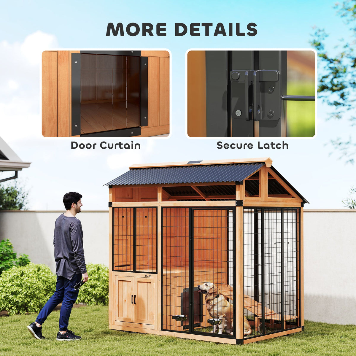 PawNora Walk-In Outdoor Dog House – Large Dog Kennel with Activity Platform &amp; Feeding Station