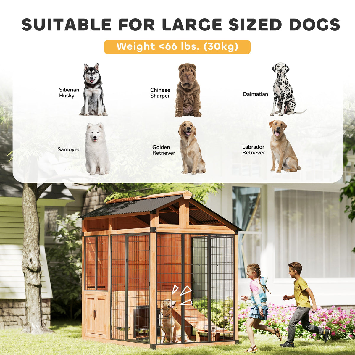 PawNora Walk-In Outdoor Dog House – Large Dog Kennel with Activity Platform &amp; Feeding Station