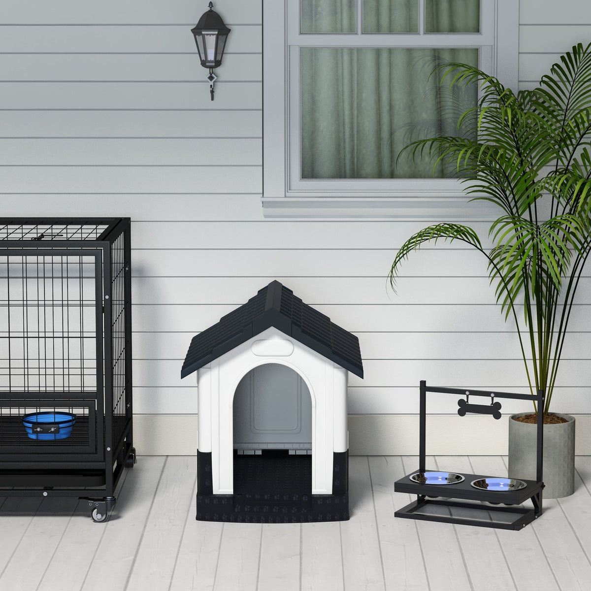 Weatherproof Plastic Dog House with Windows for Small Dogs Grey