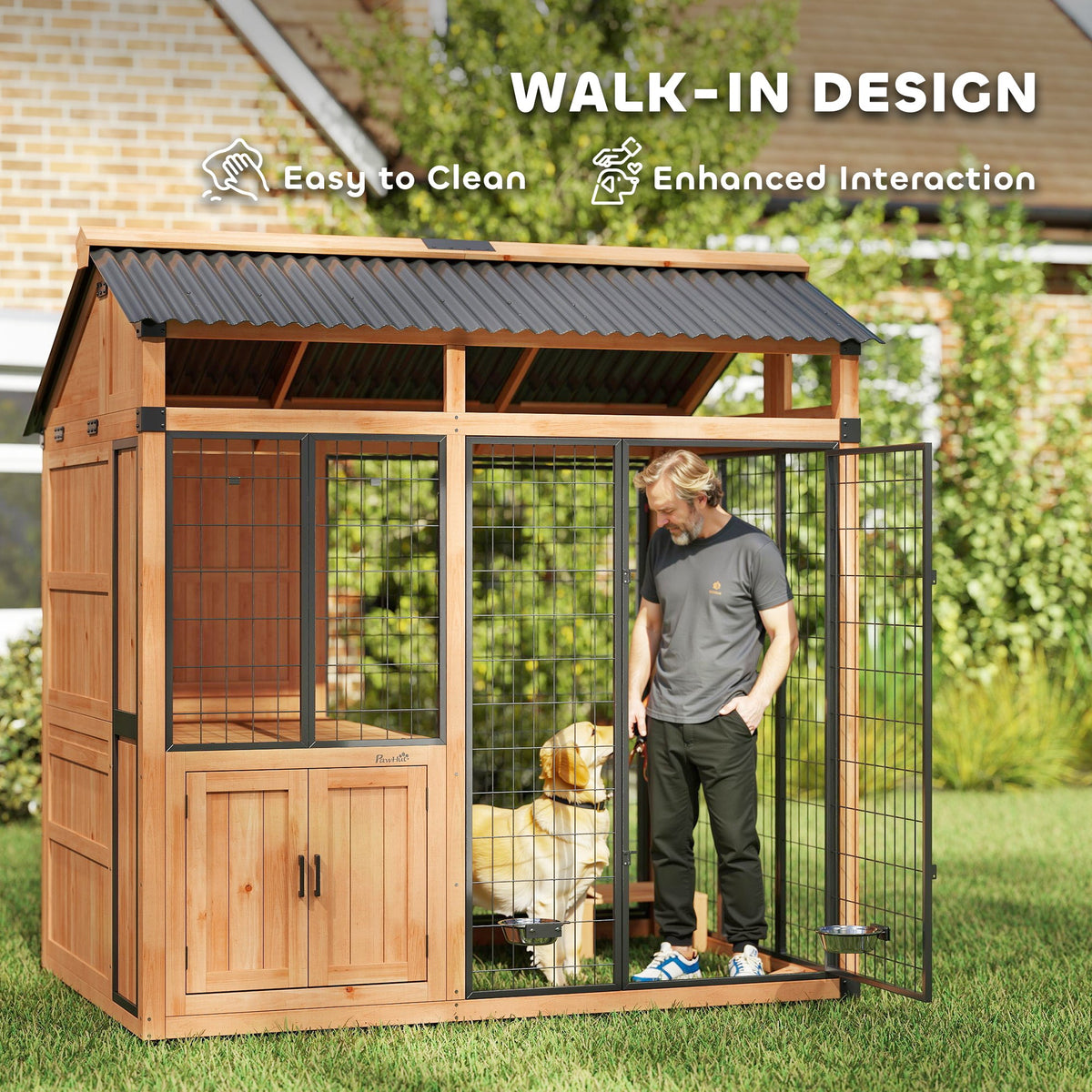 PawNora Walk-In Outdoor Dog House – Large Dog Kennel with Activity Platform &amp; Feeding Station