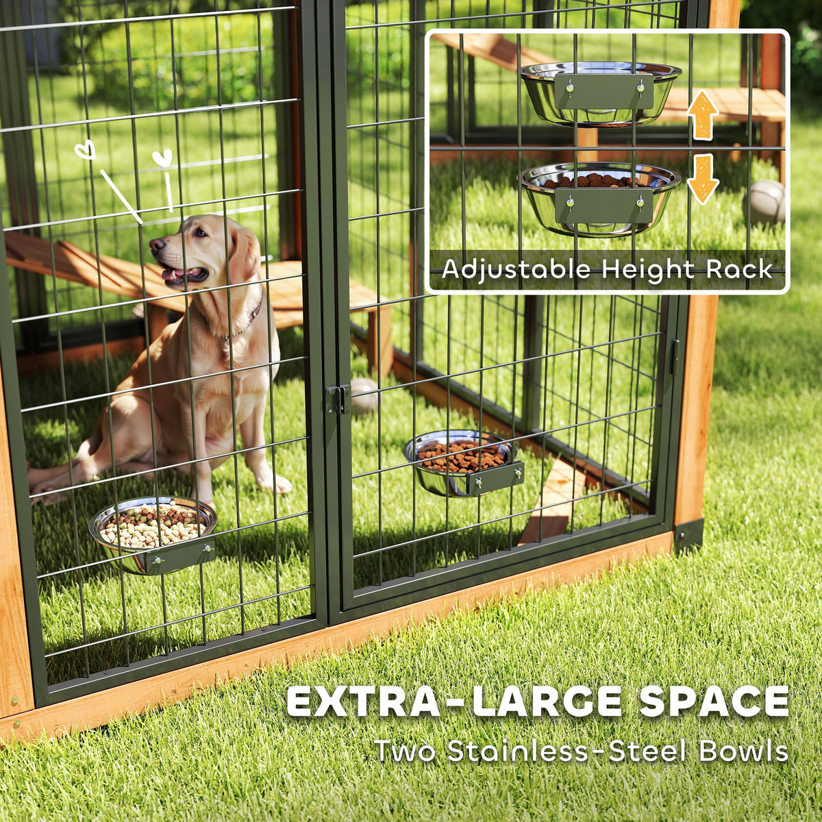 PawNora Walk-In Outdoor Dog House – Large Dog Kennel with Activity Platform &amp; Feeding Station