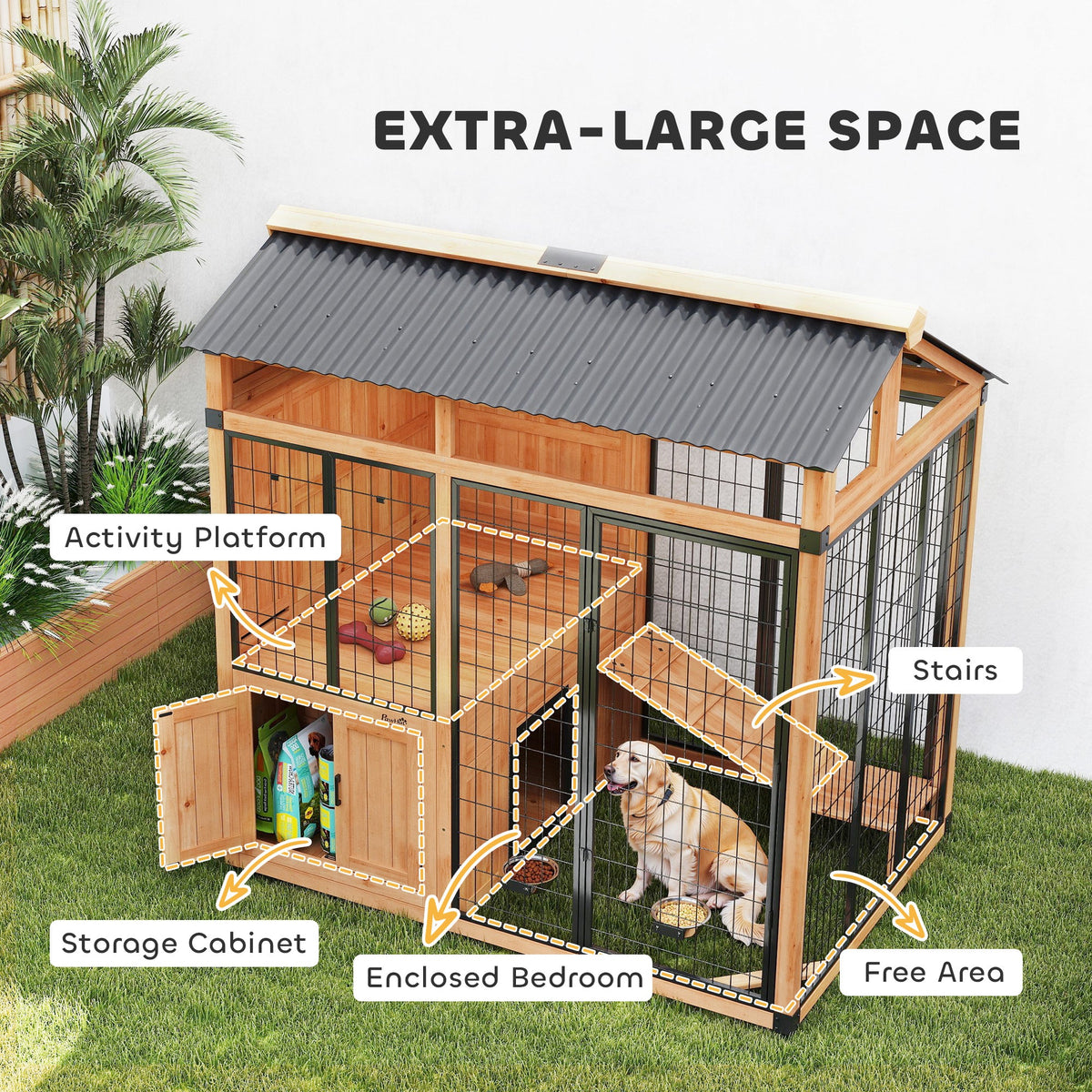 PawNora Walk-In Outdoor Dog House – Large Dog Kennel with Activity Platform &amp; Feeding Station