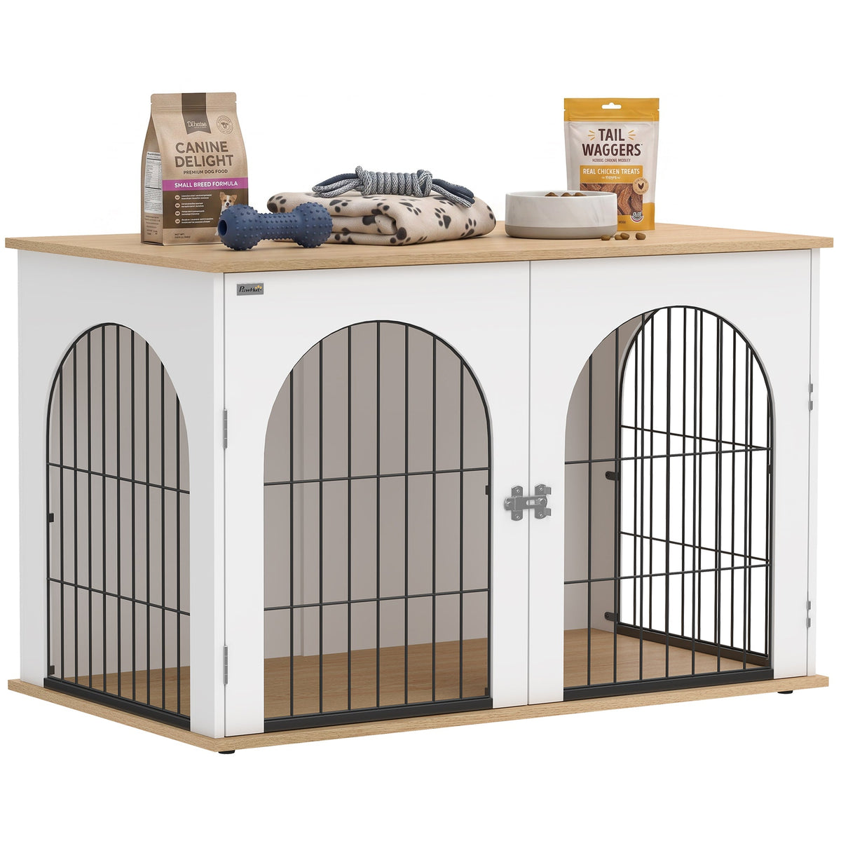PawNora Large Dog Crate Furniture – Arched Indoor Kennel with Side Table