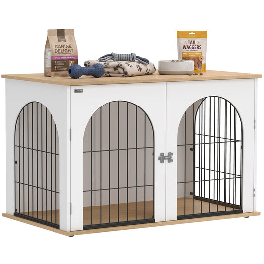 PawNora Large Dog Crate Furniture – Arched Indoor Kennel with Side Table