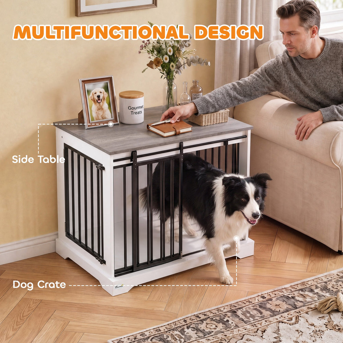 PawNora Medium Dog Crate Furniture – Sliding Barn Door KennelKennels & Crate