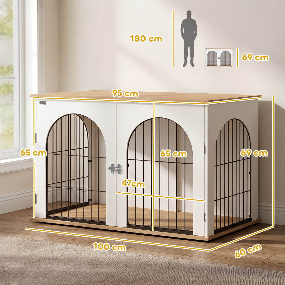 PawNora Large Dog Crate Furniture – Arched Indoor Kennel with Side Table