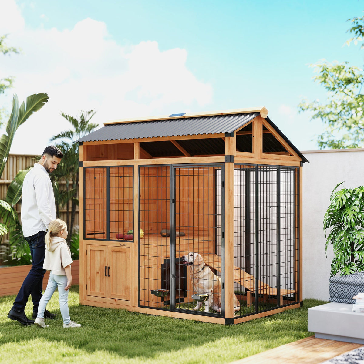 PawNora Walk-In Outdoor Dog House – Large Dog Kennel with Activity Platform &amp; Feeding Station