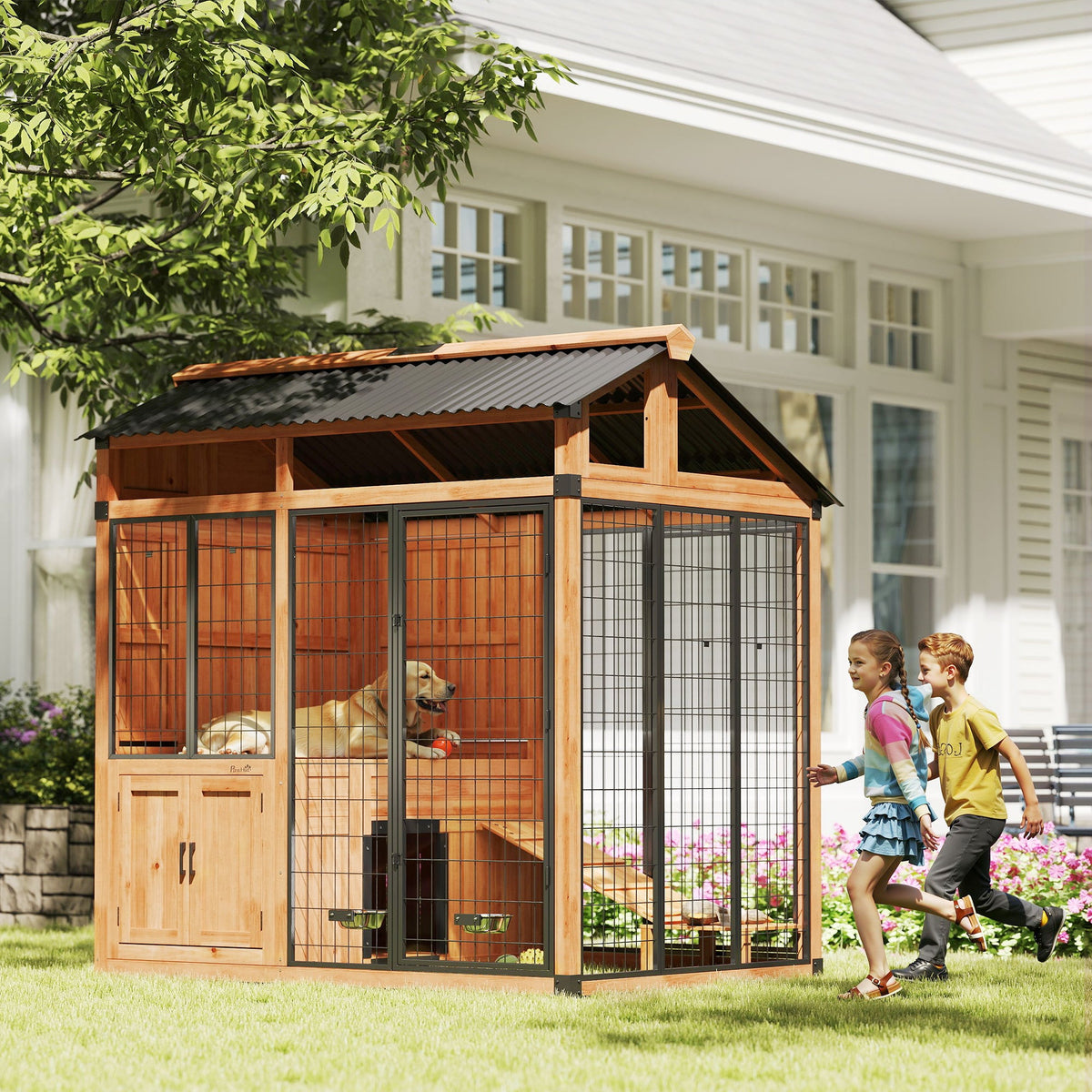 PawNora Walk-In Outdoor Dog House – Large Dog Kennel with Activity Platform &amp; Feeding Station