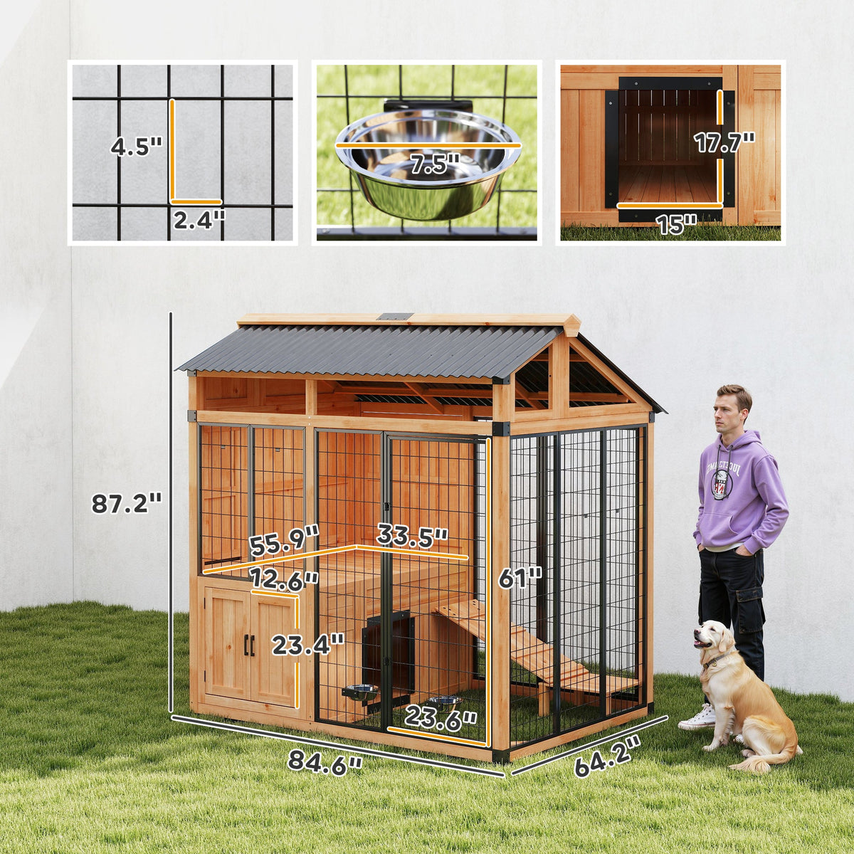 PawNora Walk-In Outdoor Dog House – Large Dog Kennel with Activity Platform &amp; Feeding Station