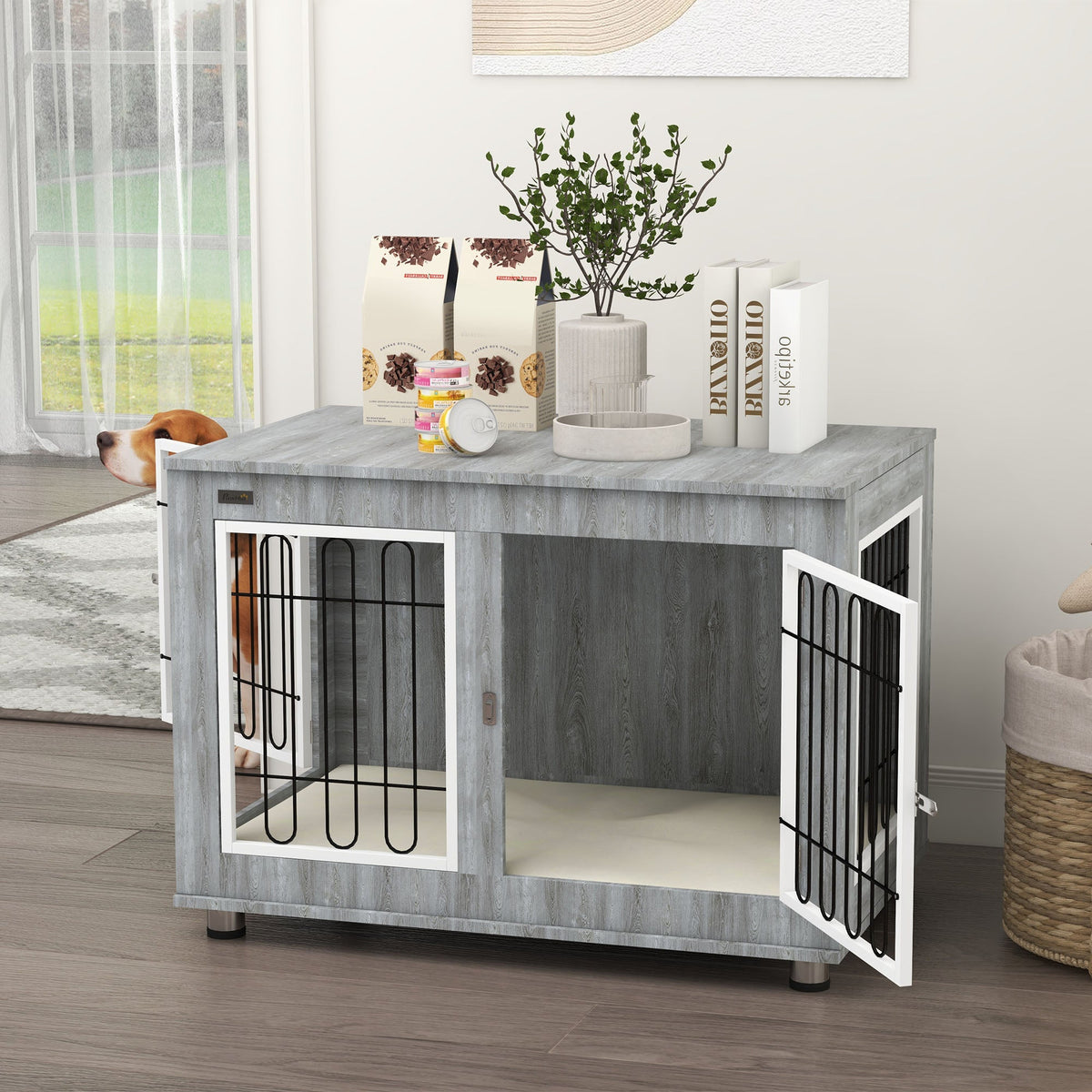 PawNora Dog Crate Furniture – Indoor Kennel with Cushion &amp; Side Table
