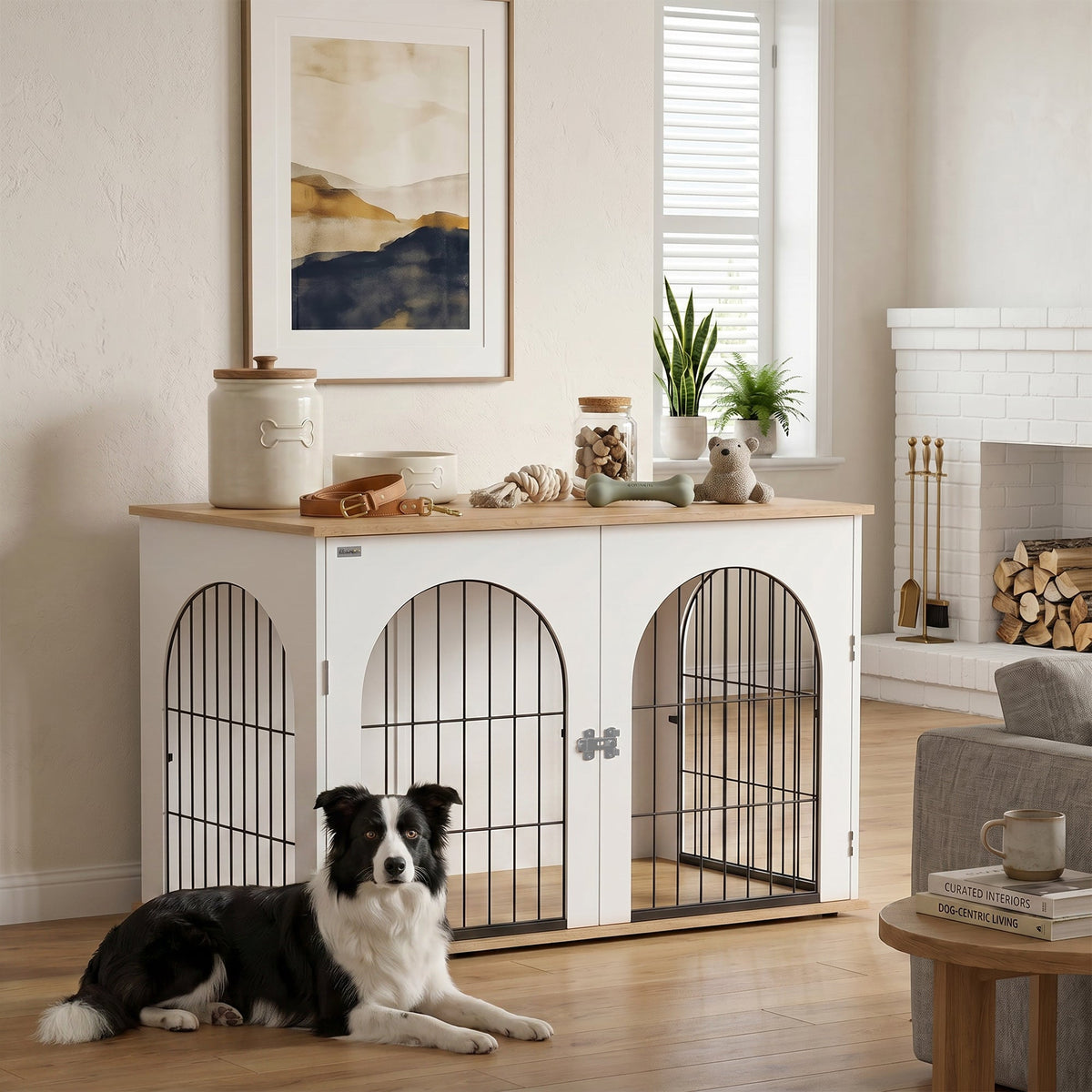 PawNora Large Dog Crate Furniture – Arched Indoor Kennel with Side Table